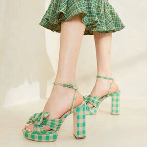 Loeffler Randall Natalia Bow Platform Heel SANDALS Size 5 Green Gingham NEW $450